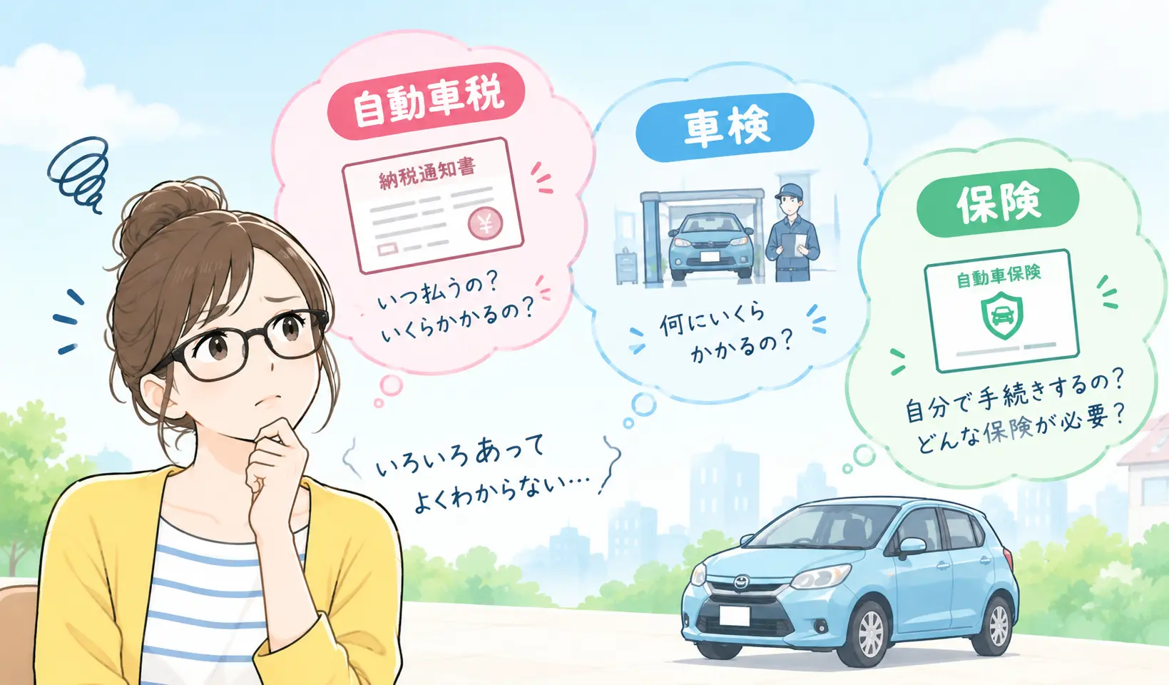 自動車税・車検・保険の費用がわからず不安になるイメージ