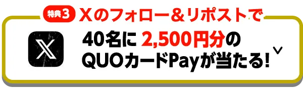 特典3　Xのフォロー＆リポストで「40名に2,500円分のQUOカードPayが当たる！」