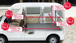 2名乗車時の荷室長1,910mm、荷室床面長1,955mm、荷室幅1,385mm、荷室高1,240mm（ハイルーフ）