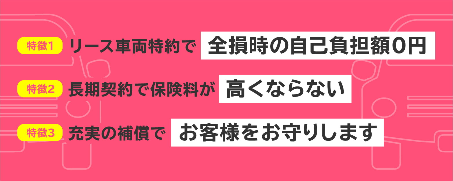 特徴1リース車両特約で全損時の自己負担額0円　特徴2長期保険料が高くならない　特徴3充実の補償でお客様をお守りします